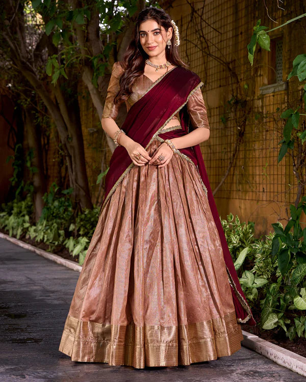 Womenline Peach Color Dupion Silk Zari Weaving Half Saree