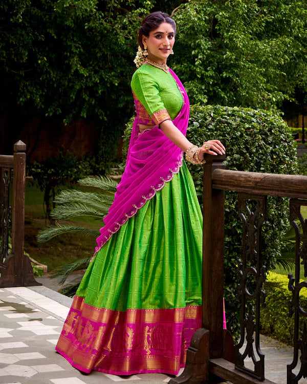 Womenline Parrot Green Color Poly Cotton Half Saree
