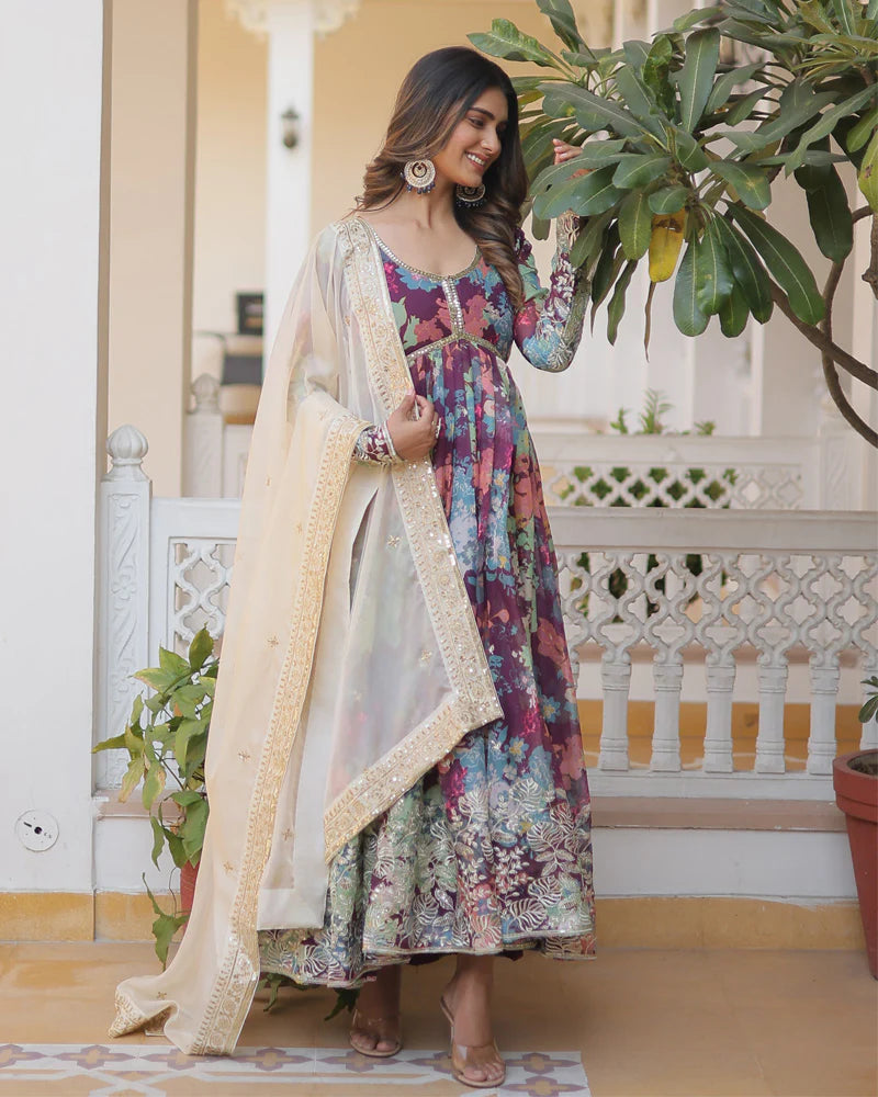 Womenline Wedding Wear Floral Embroidered Wine Color Alia Cut Gown With Dupatta