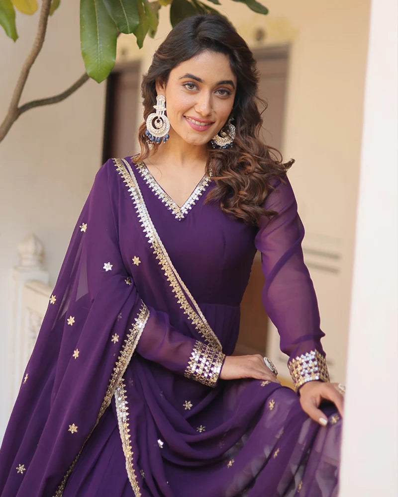 Womenline Exclusive Wine Color Attractive Sequence Embroidery work Gown