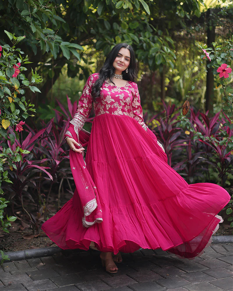 Womenline Pink Color Anarkali Gown With Faux Blooming Dupatta