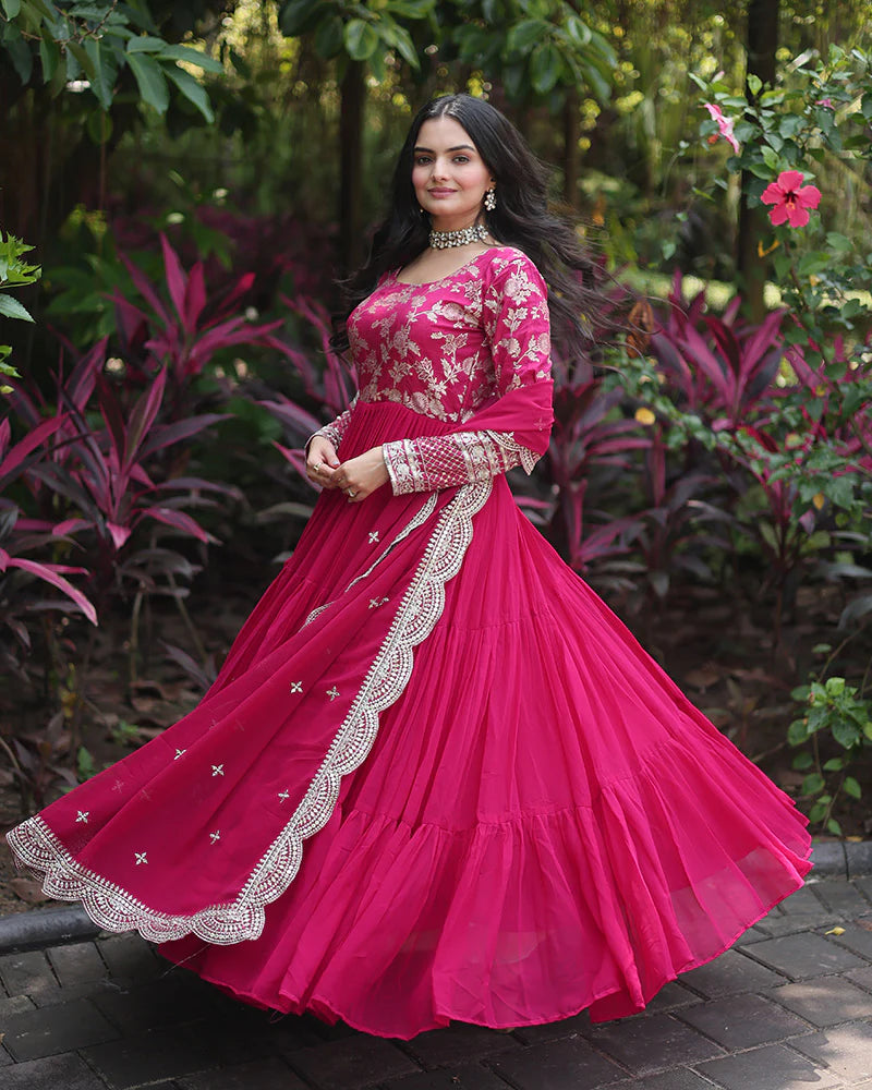 Womenline Pink Color Anarkali Gown With Faux Blooming Dupatta