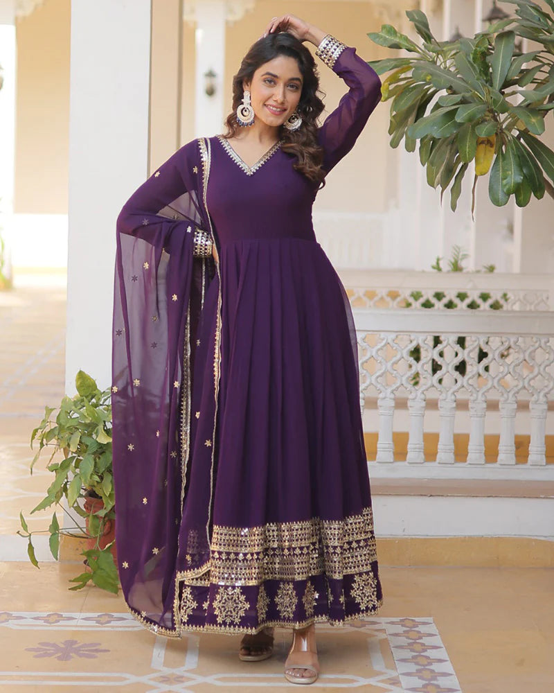 Womenline Exclusive Wine Color Attractive Sequence Embroidery work Gown