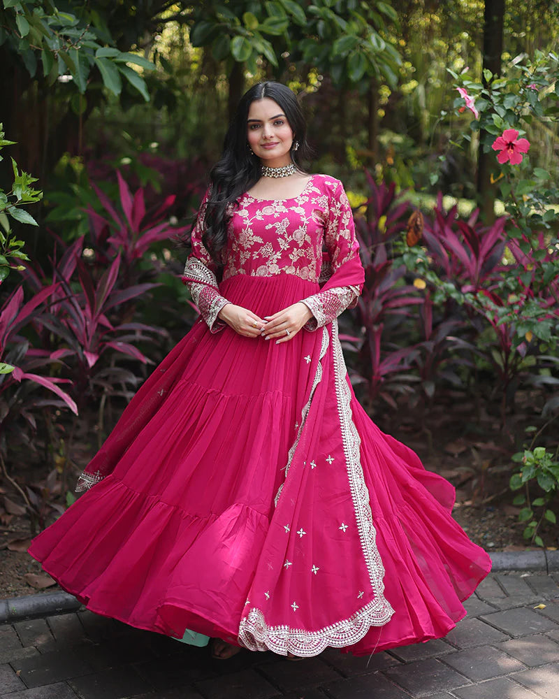 Womenline Pink Color Anarkali Gown With Faux Blooming Dupatta