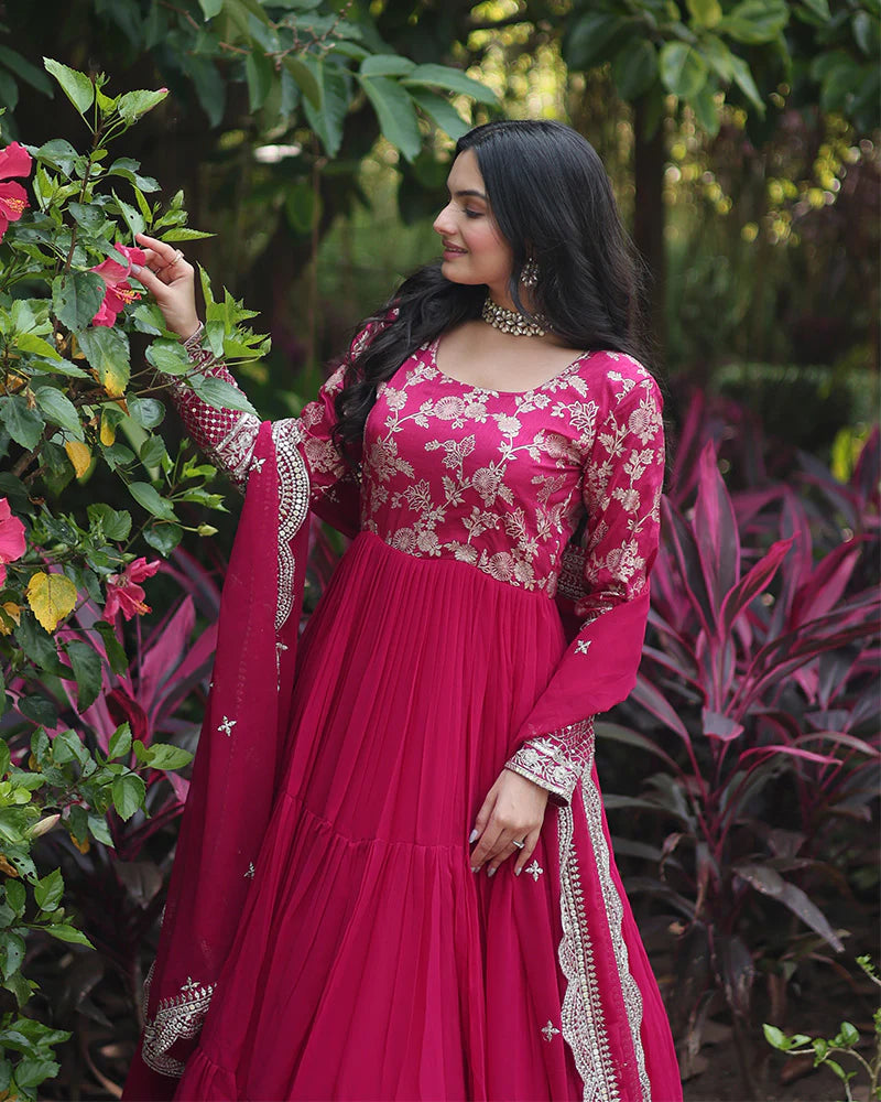 Womenline Pink Color Anarkali Gown With Faux Blooming Dupatta