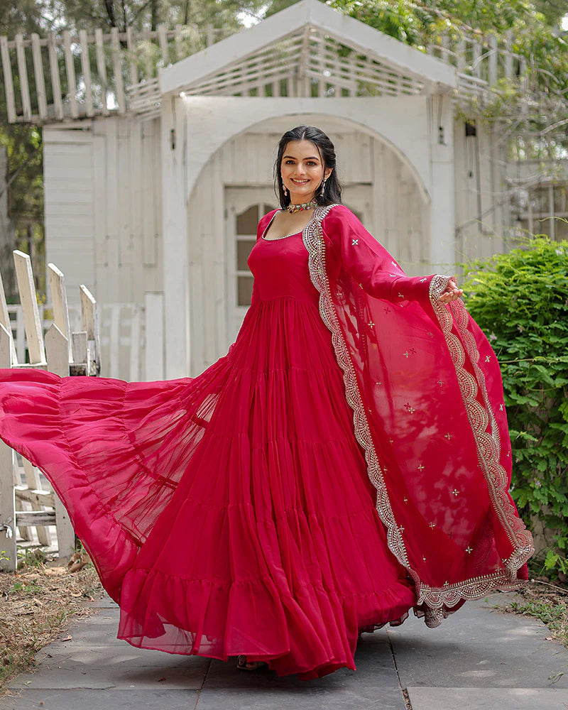 Womenline Rani Pink Color Designer Embroidered Gown With Dupatta