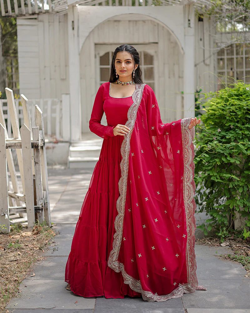 Womenline Rani Pink Color Designer Embroidered Gown With Dupatta