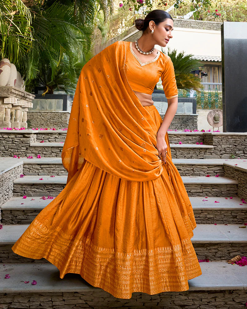 Womenline Yellow Color Pure Chanderi Plain Navratri Half Saree