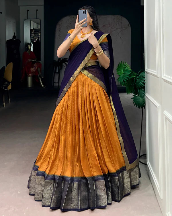 Womenline Mustard Color Dola Chex Zari Weaving Half Saree