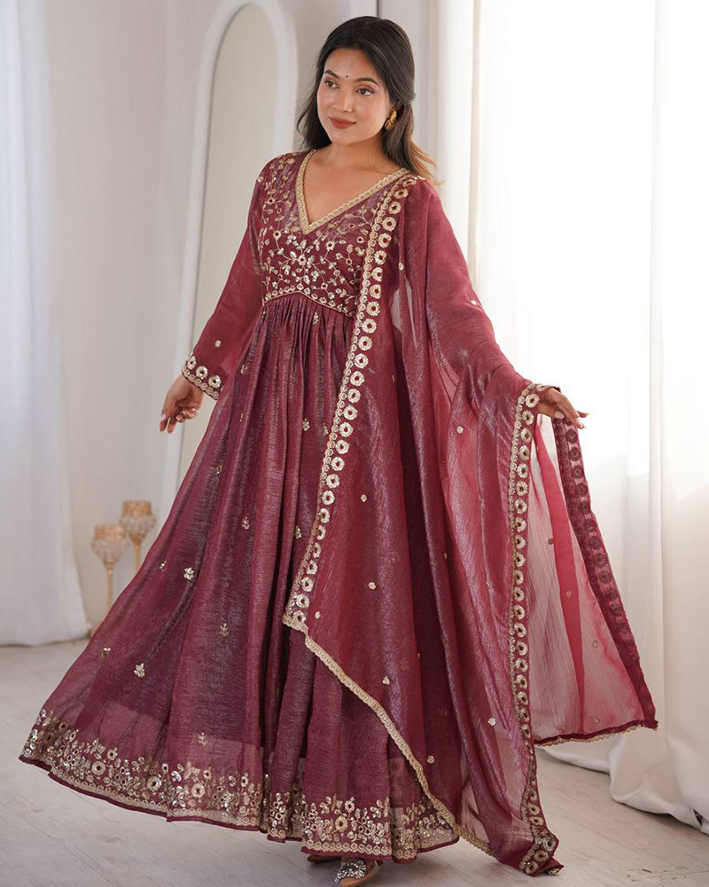 Womenline Dusty Maroon Color Crunchy SilkThree Piece Anarkali Suit