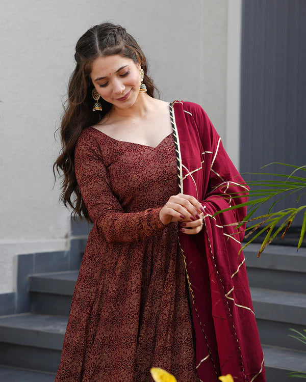 Womenline Maroon Color Pure Cotton Ajrakh Print Anarkali Suit