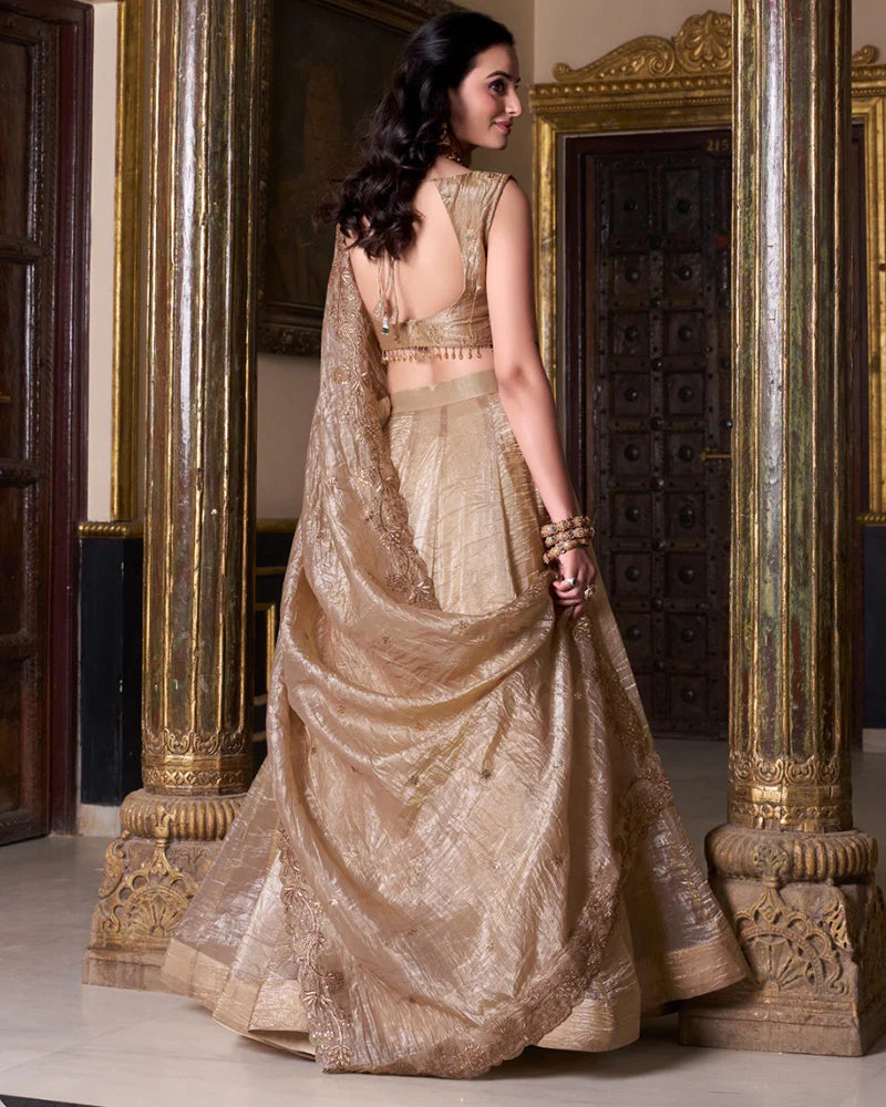 Womenline Chikoo Color Gold Crush Lehenga Choli