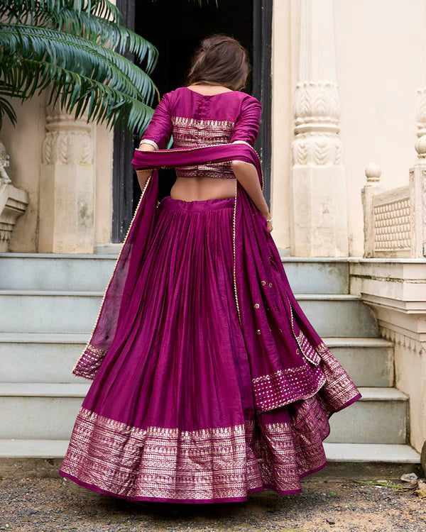 Womenline Wine Color Pure Chanderi Plain Navratri Half Saree