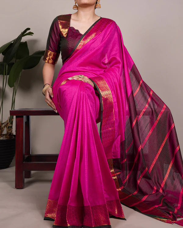 Womenline Rani Pink Color Zari Weaving Poly Cotton Saree
