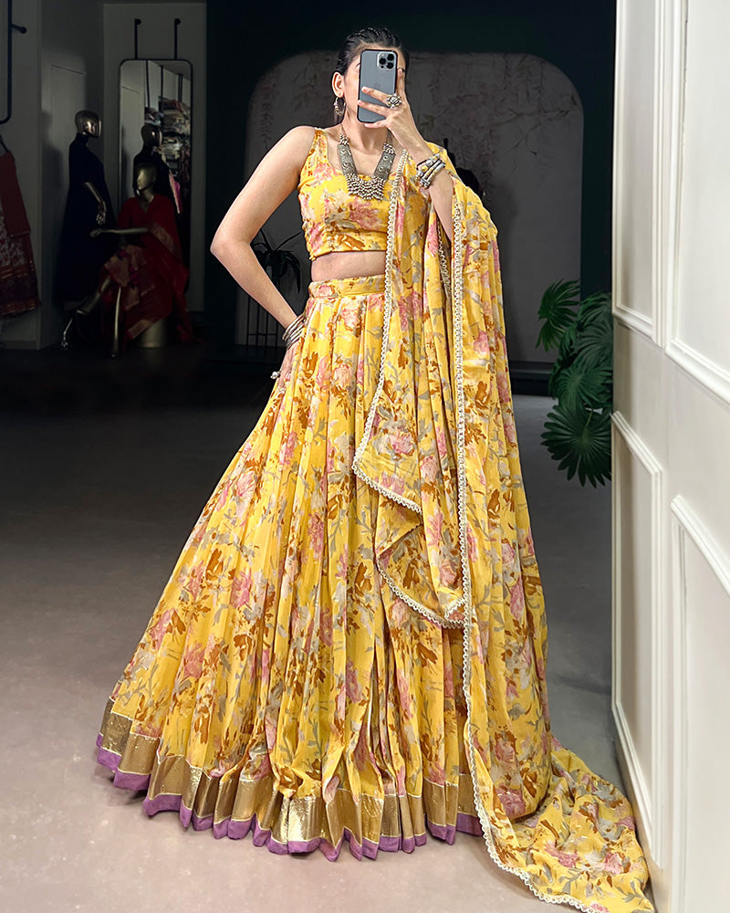 Womenline Yellow Color Chiffon Printed Lehenga Choli