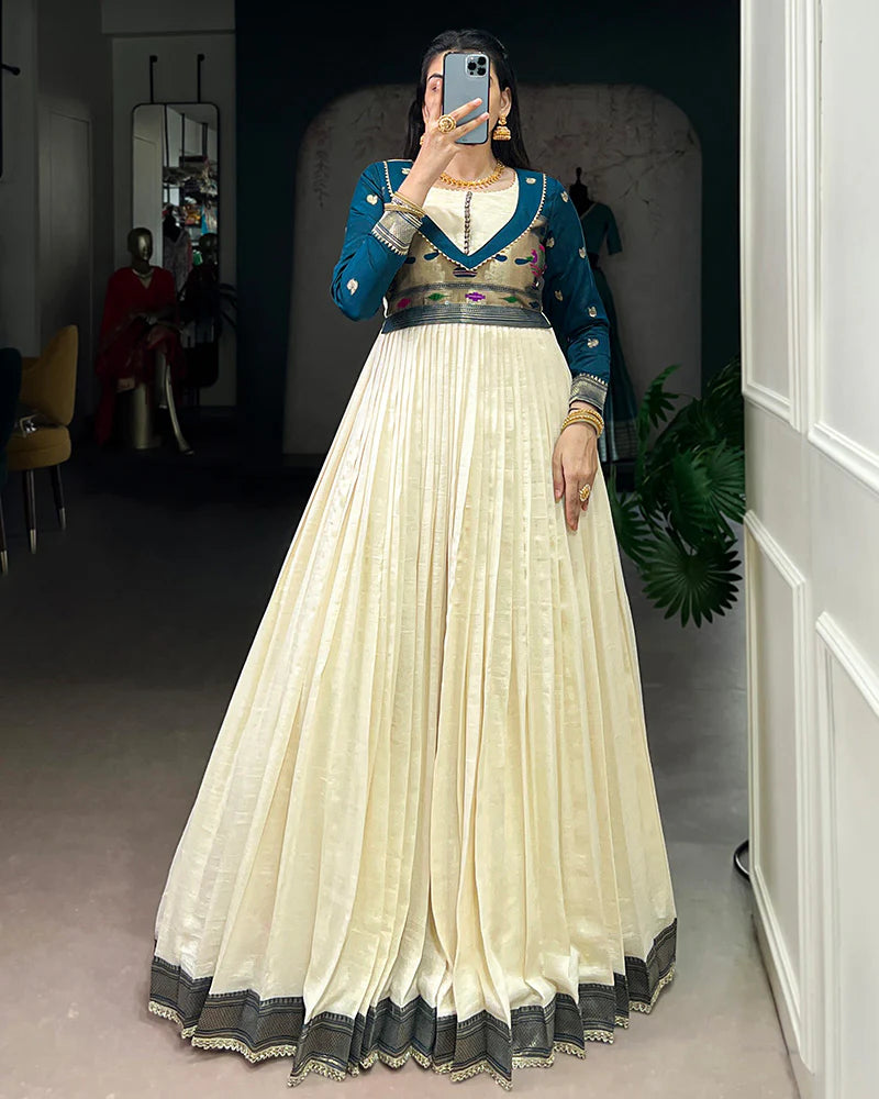Womenline Off-White Color Vichitra Silk Zari Weaving Gown