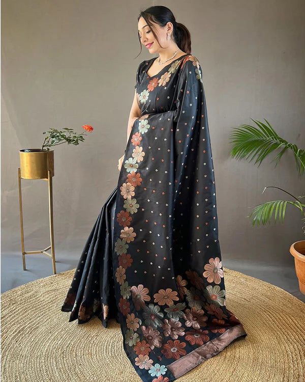 Womenline Jacquard Design Black color Soft Lichi Silk Saree