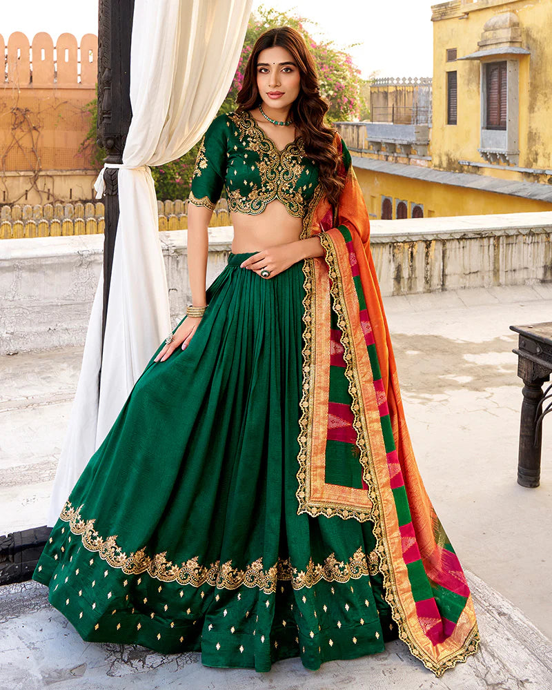 Womenline Designer Green Color Vichitra Silk Embroidered Lehenga Choli