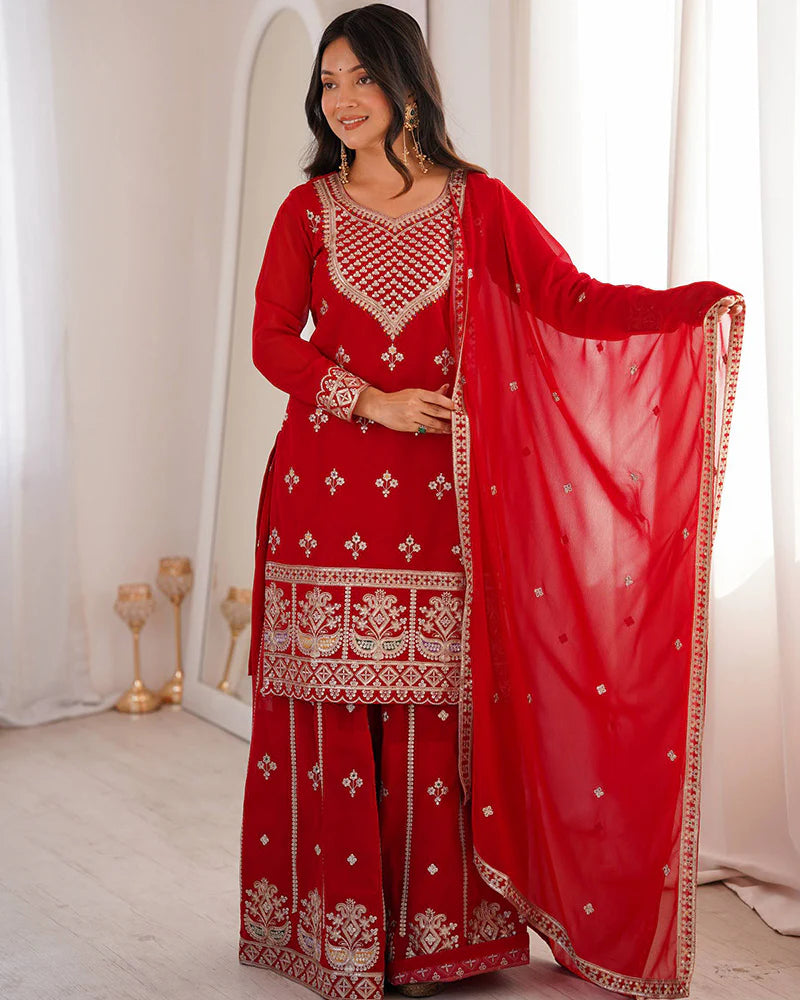 Womenline Royal Red Color Faux Georgette Embroidered Plazzo Suit