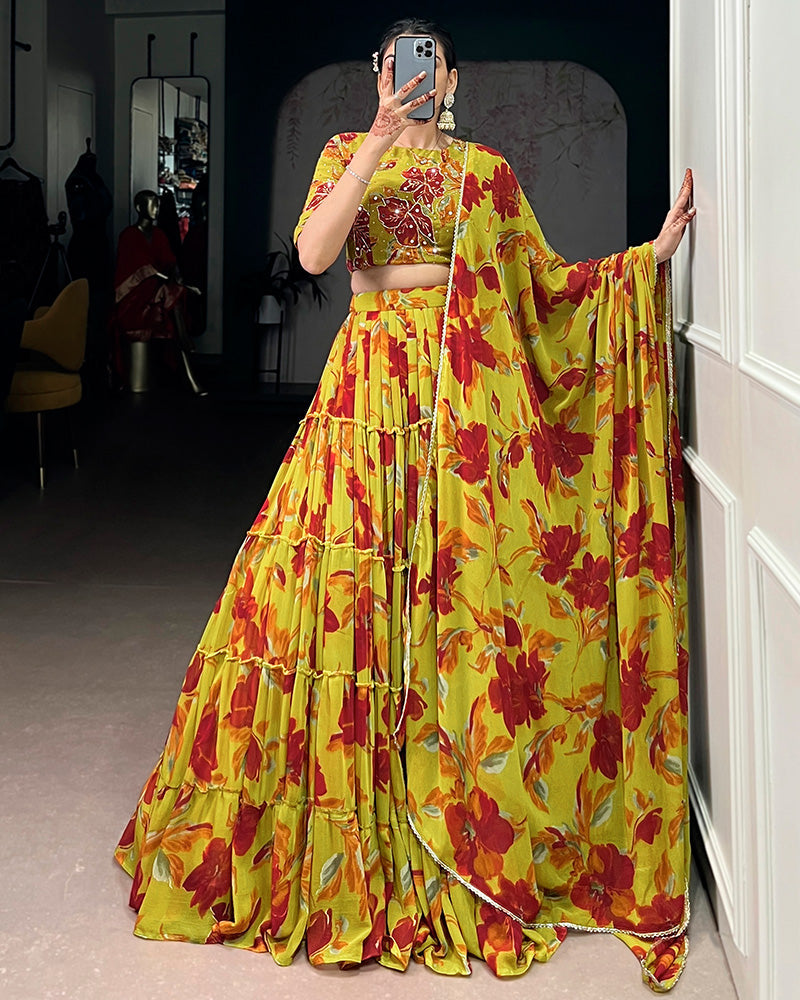 Womenline Olive Yellow Color Marble Floral Printed Lehenga Choli