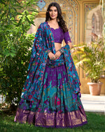 Womenline Purple Color Tussar Silk Kalamkari Printed Navratri Lehenga Choli