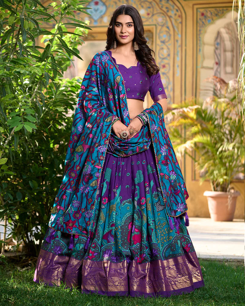 Womenline Purple Color Tussar Silk Kalamkari Printed Navratri Lehenga Choli