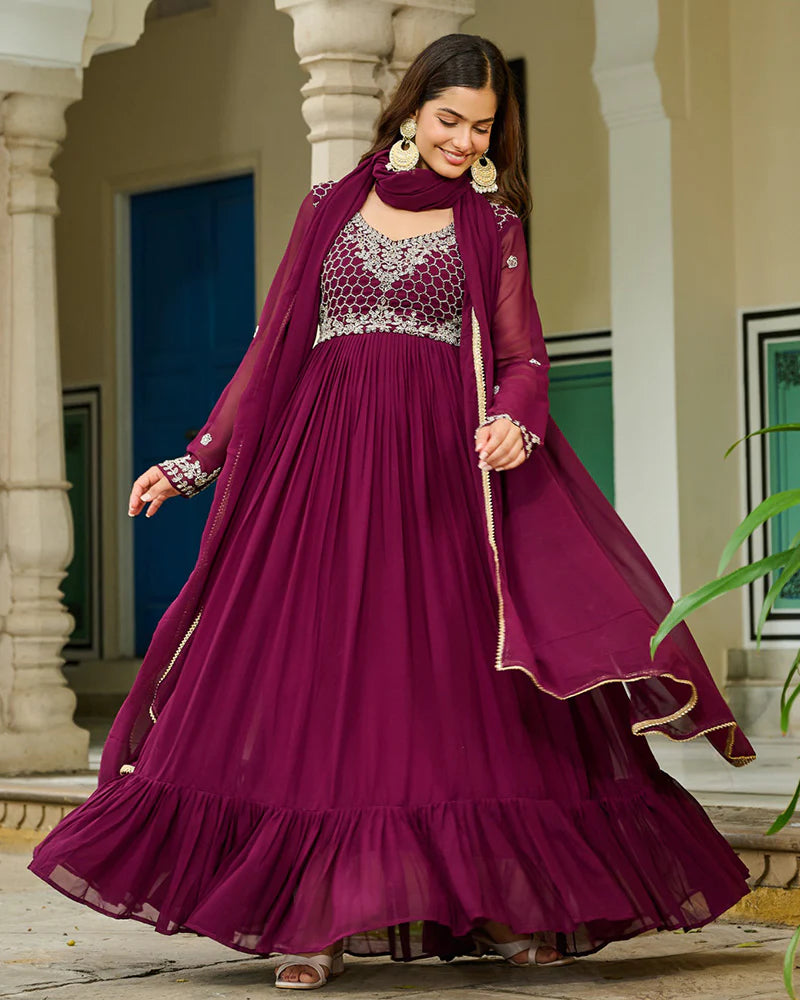 Womenline Wine Color Faux Blooming Beads Embroidered Gown