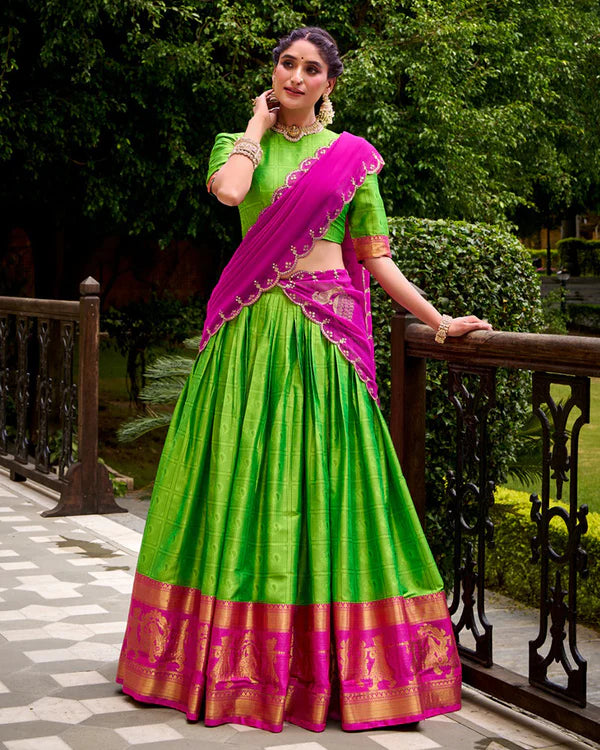 Womenline Parrot Green Color Poly Cotton Half Saree