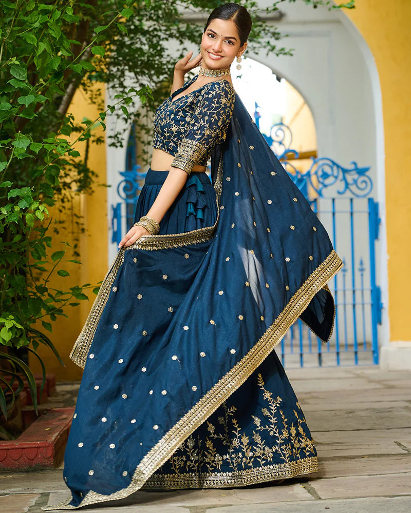 Womenline Rama Color Vichitra Silk Thread Embroidered Lehenga Choli