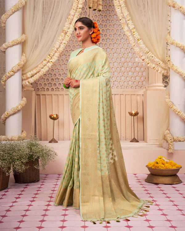 Womenline Pista Color Banarasi Jacquard Soft Silk Saree