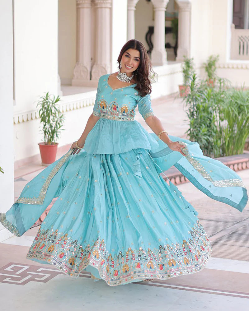 Womenline Sky Color Gold Crush Embroidered Lehenga Choli