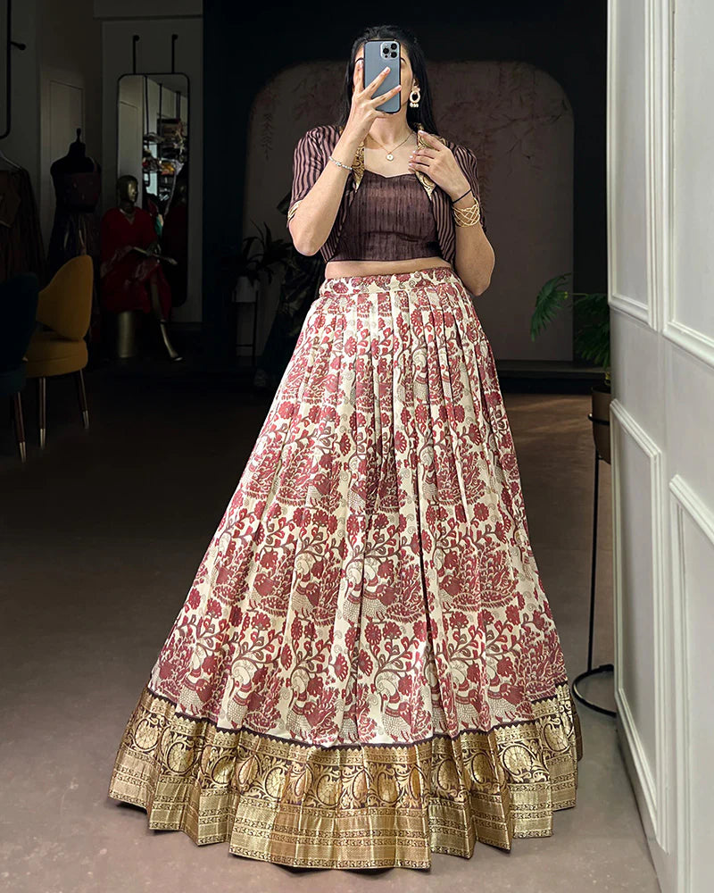 Womenline Brown Color Tasar Silk Viscose Printed Lehenga Choli