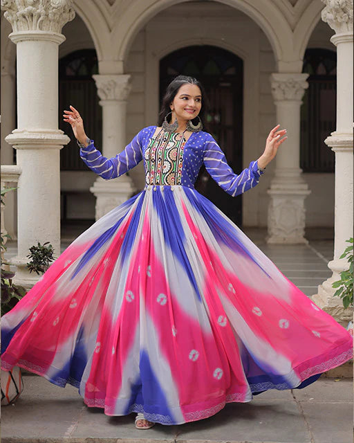 Womenline Blue Color Faux Georgette Bandhej Print Navratri Gown