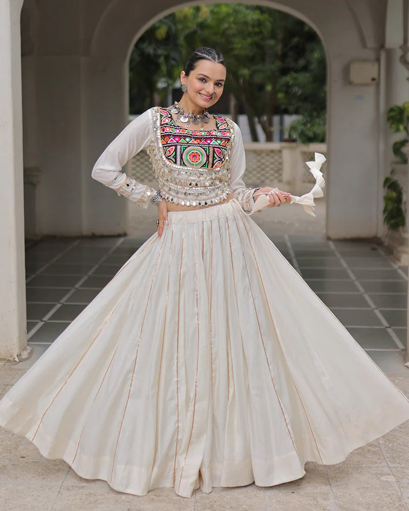 Womenline Off-White Color Roman Silk Navratri Lehenga Choli