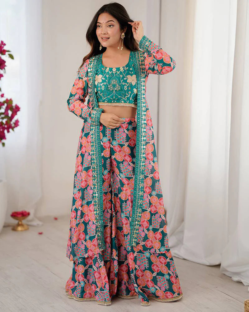 Womenline Bottle Green Color Muslin Cotton Printed Plazzo Suit