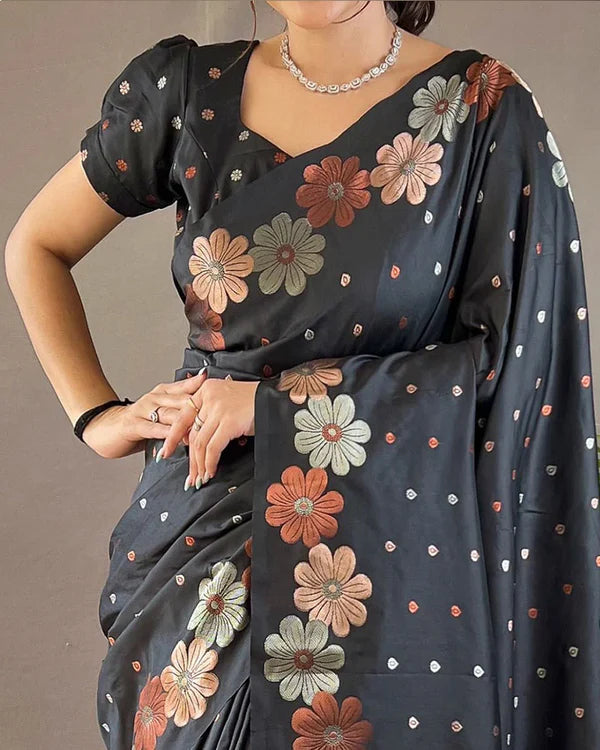Womenline Jacquard Design Black color Soft Lichi Silk Saree