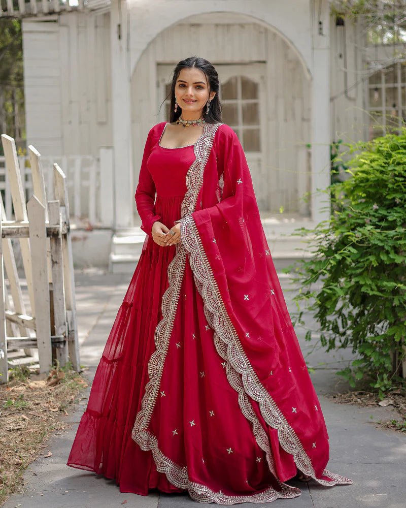 Womenline Rani Pink Color Designer Embroidered Gown With Dupatta
