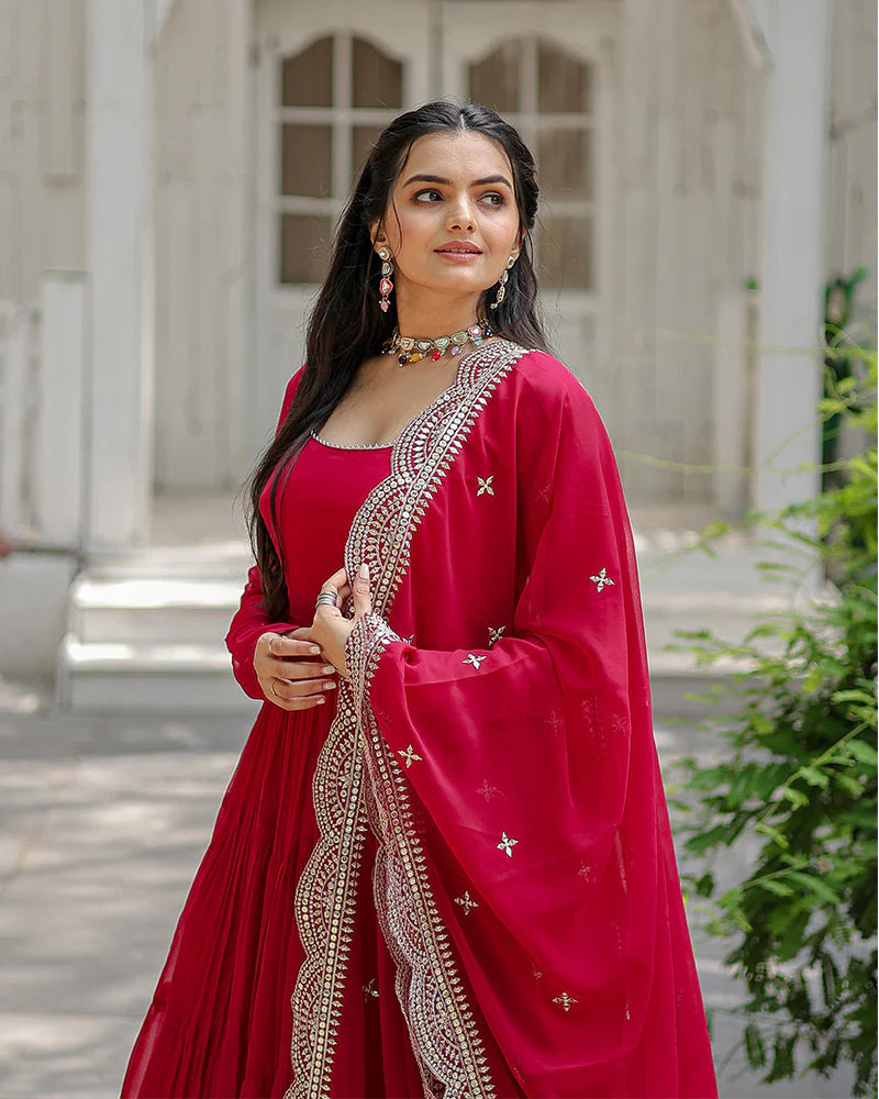 Womenline Rani Pink Color Designer Embroidered Gown With Dupatta