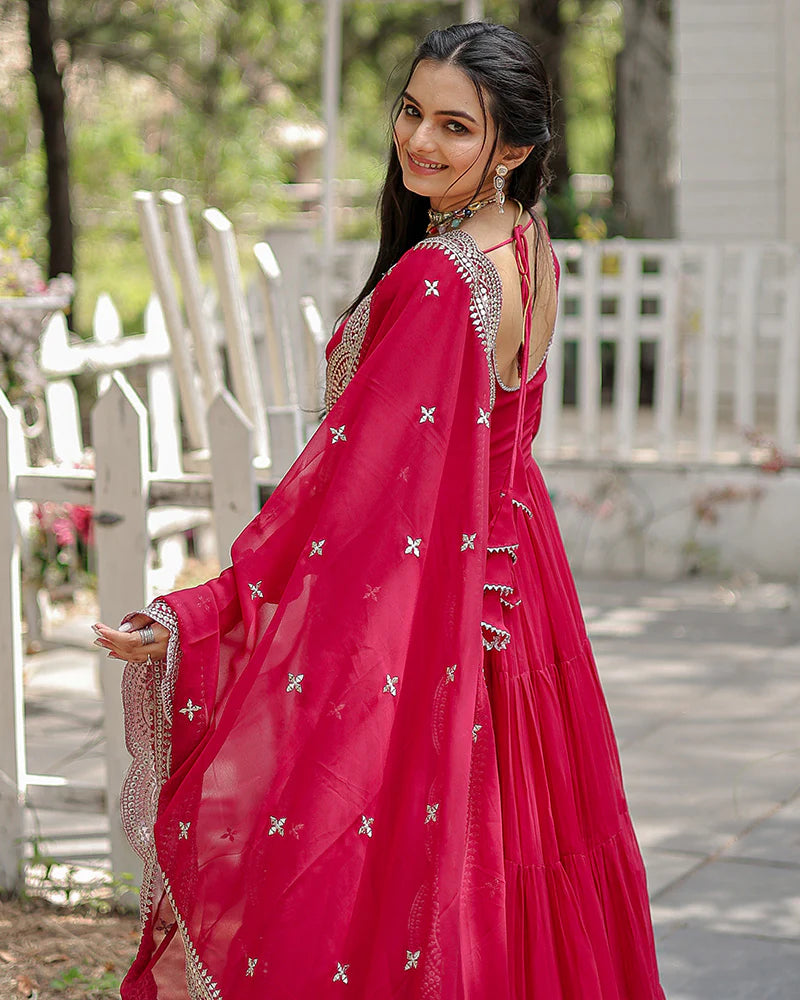 Womenline Rani Pink Color Designer Embroidered Gown With Dupatta