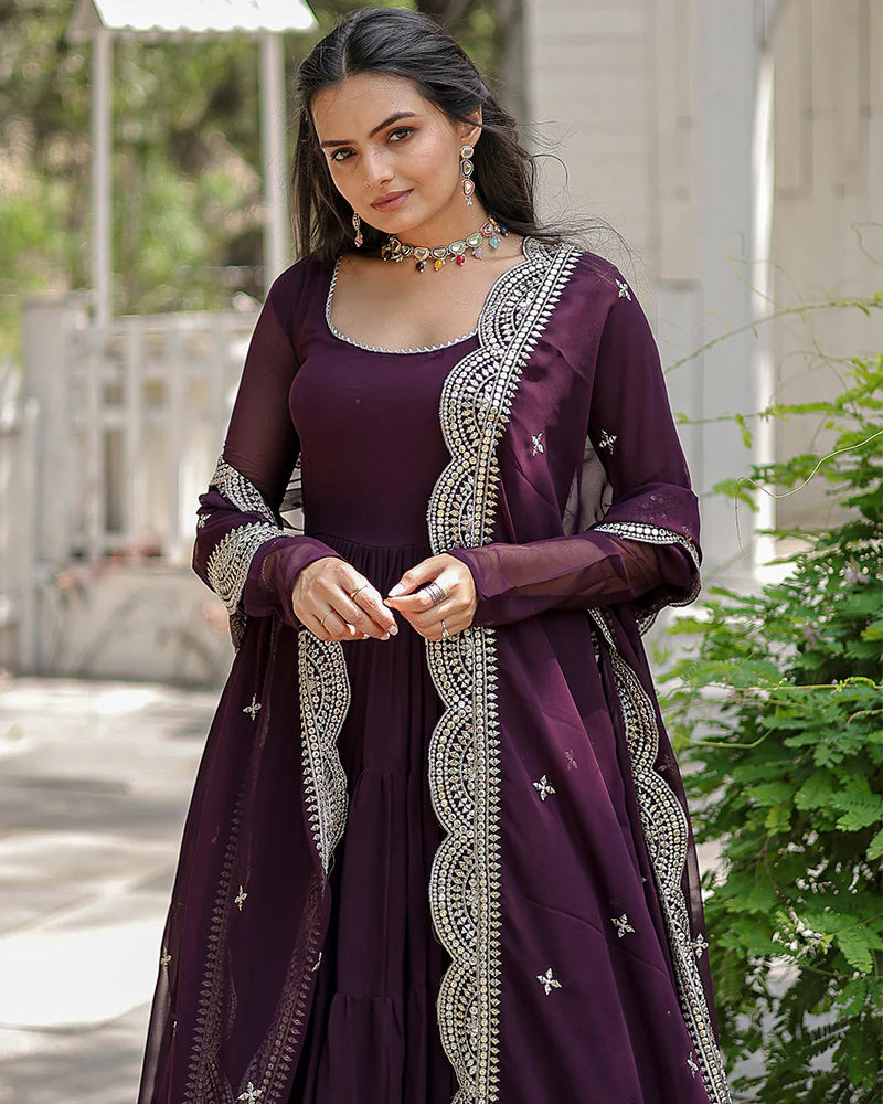 Womenline Wine Color Designer Embroidered Gown With Dupatta