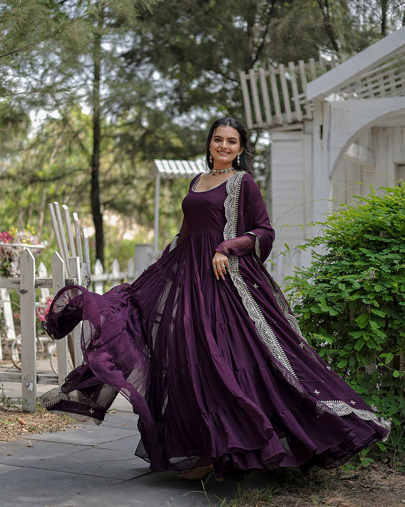 Womenline Wine Color Designer Embroidered Gown With Dupatta