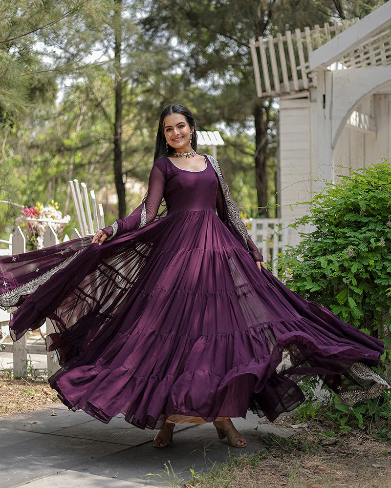 Womenline Wine Color Designer Embroidered Gown With Dupatta