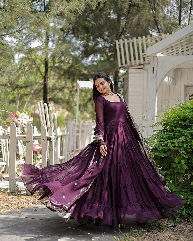 Womenline Wine Color Designer Embroidered Gown With Dupatta