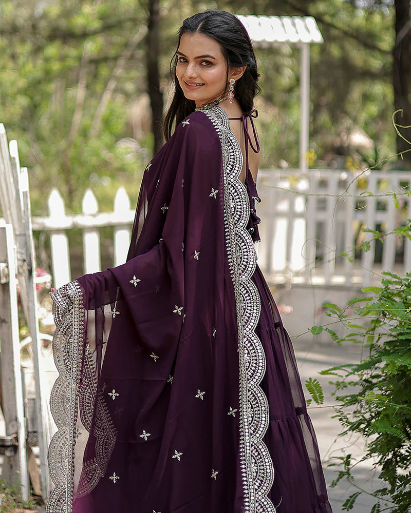 Womenline Wine Color Designer Embroidered Gown With Dupatta