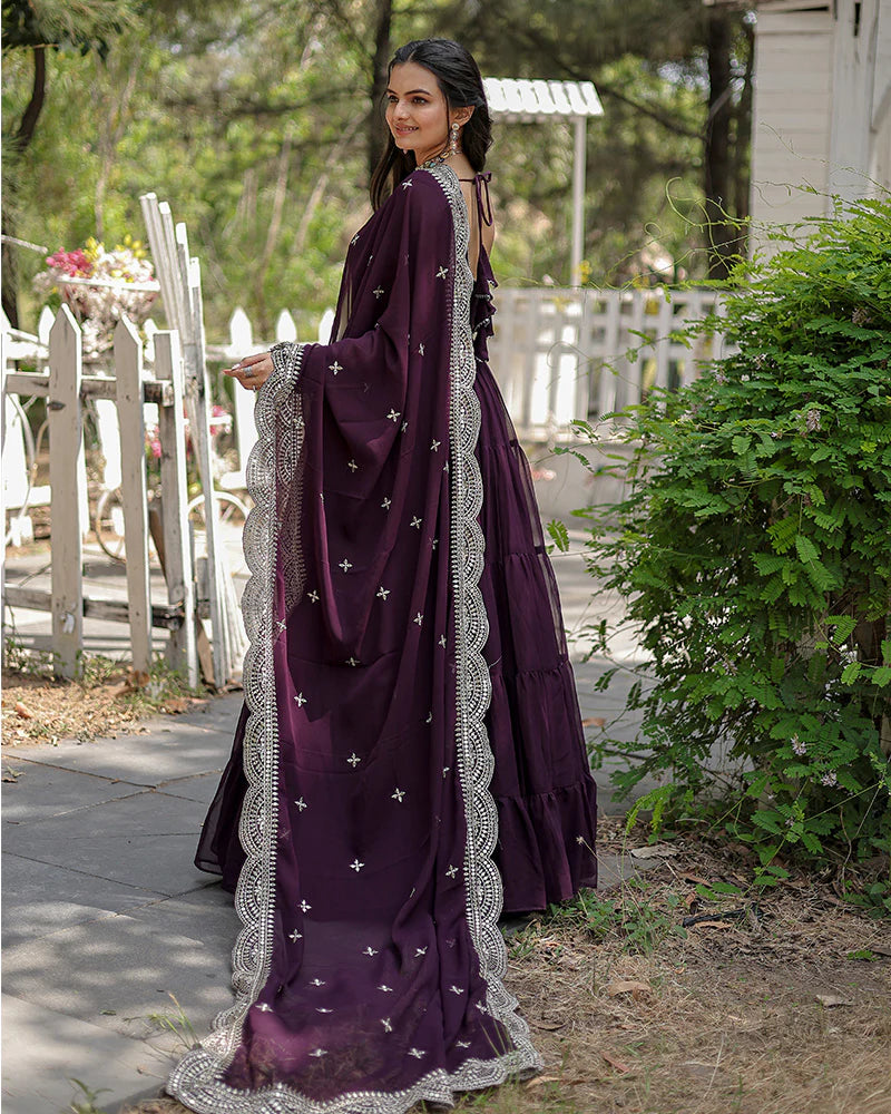 Womenline Wine Color Designer Embroidered Gown With Dupatta