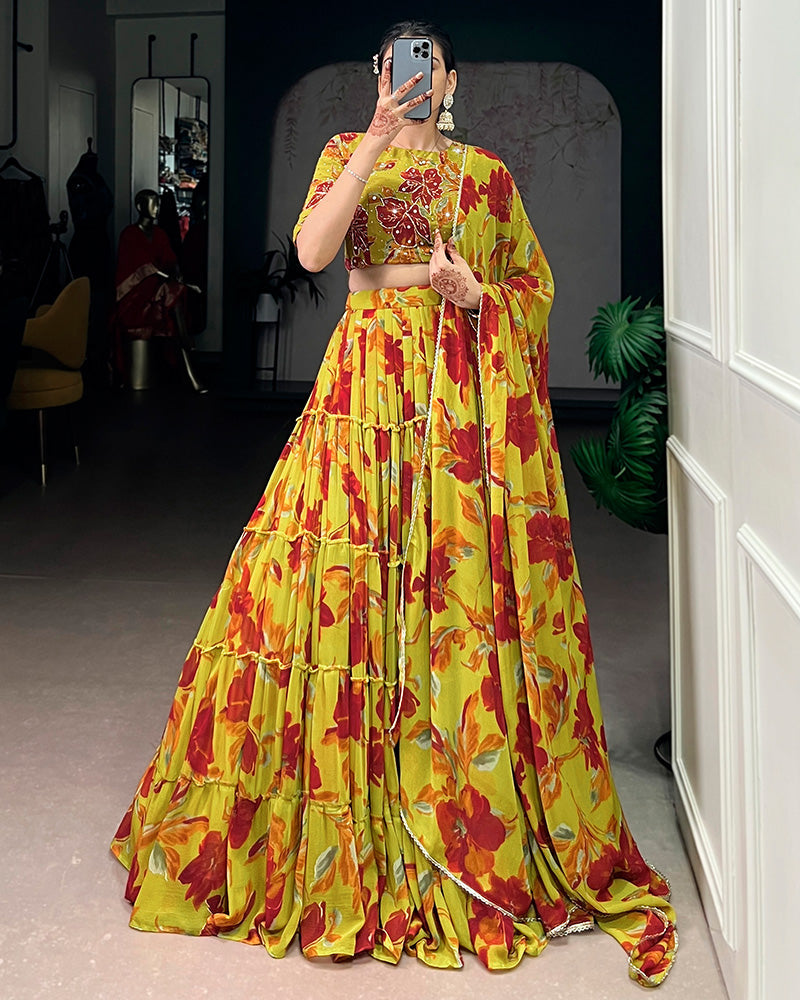 Womenline Olive Yellow Color Marble Floral Printed Lehenga Choli