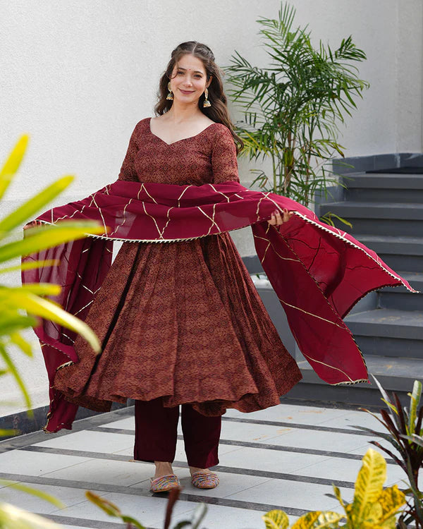 Womenline Maroon Color Pure Cotton Ajrakh Print Anarkali Suit