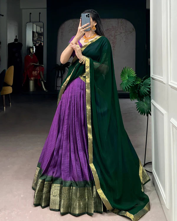 Womenline Purple Color Dola Chex Zari Weaving Half Saree