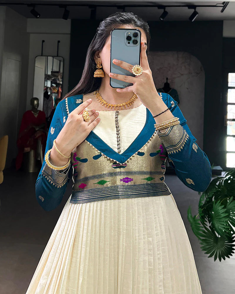 Womenline Off-White Color Vichitra Silk Zari Weaving Gown