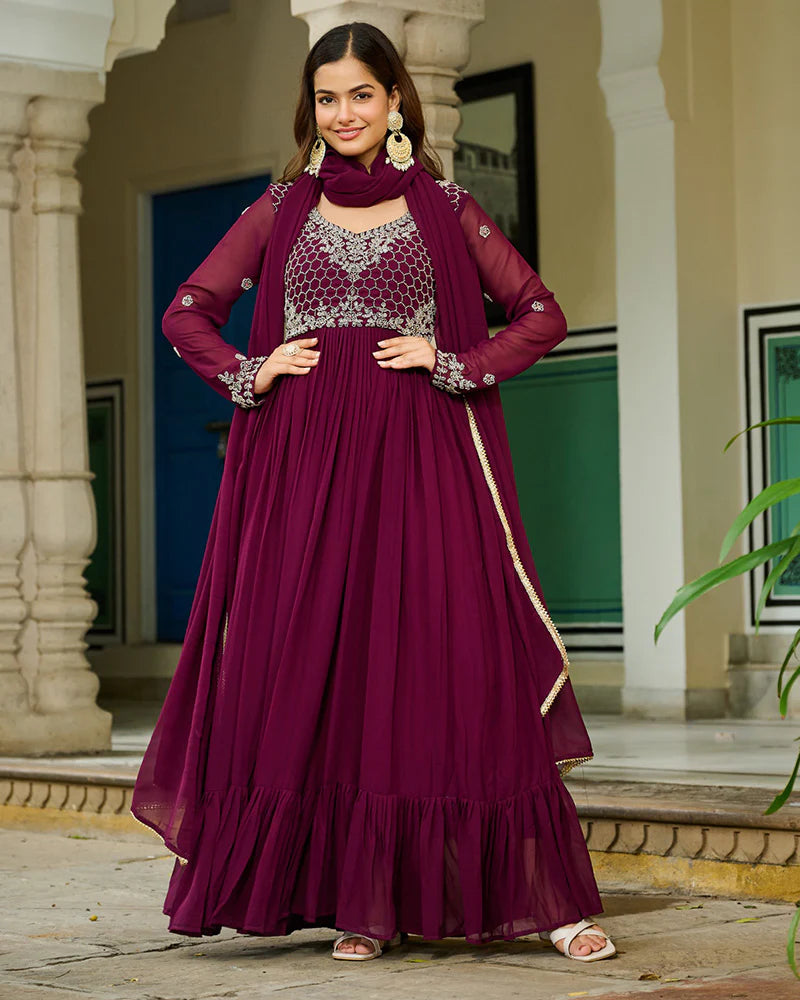 Womenline Wine Color Faux Blooming Beads Embroidered Gown